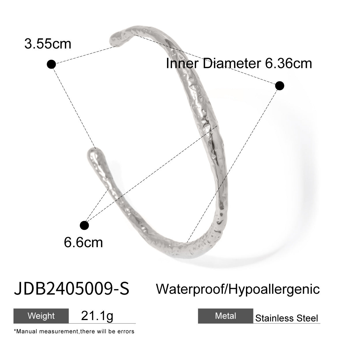 Bracciale sferico aperto con trama irregolare in acciaio inossidabile