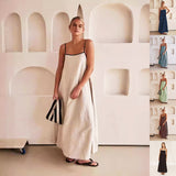 Loose Black Suspender  Contrast-color Cotton And Linen Sling Swing Long Dress