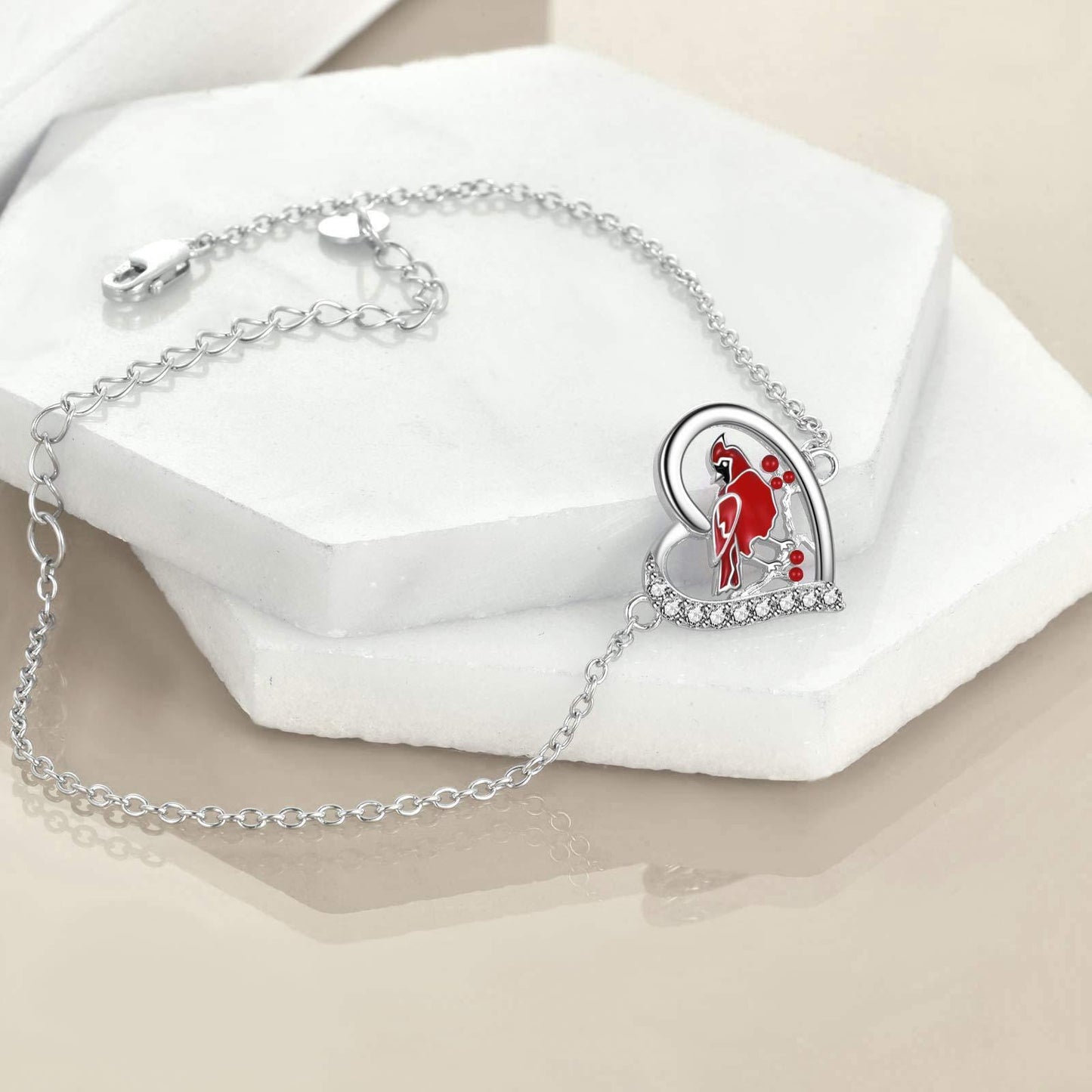 Regalo di gioielli per cavigliera in argento sterling con zirconi a forma di cuore rosso cardinale per le donne