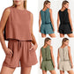 Linen Summer Sleeveless Tops And Drawstring Shorts Suit 2pcs