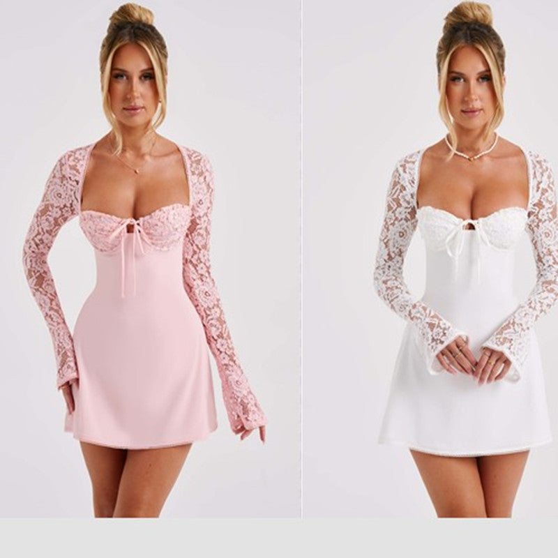 Fashion Corset Lace Long Sleeve Dress Sexy Y2K Backless Lace Up Short Dresses