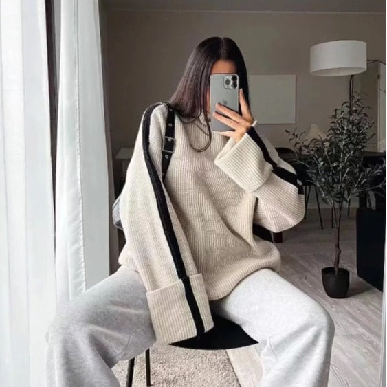 Women's Fashion Casual Turtleneck Patchwork Stripes Sweater