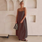 Loose Black Suspender  Contrast-color Cotton And Linen Sling Swing Long Dress