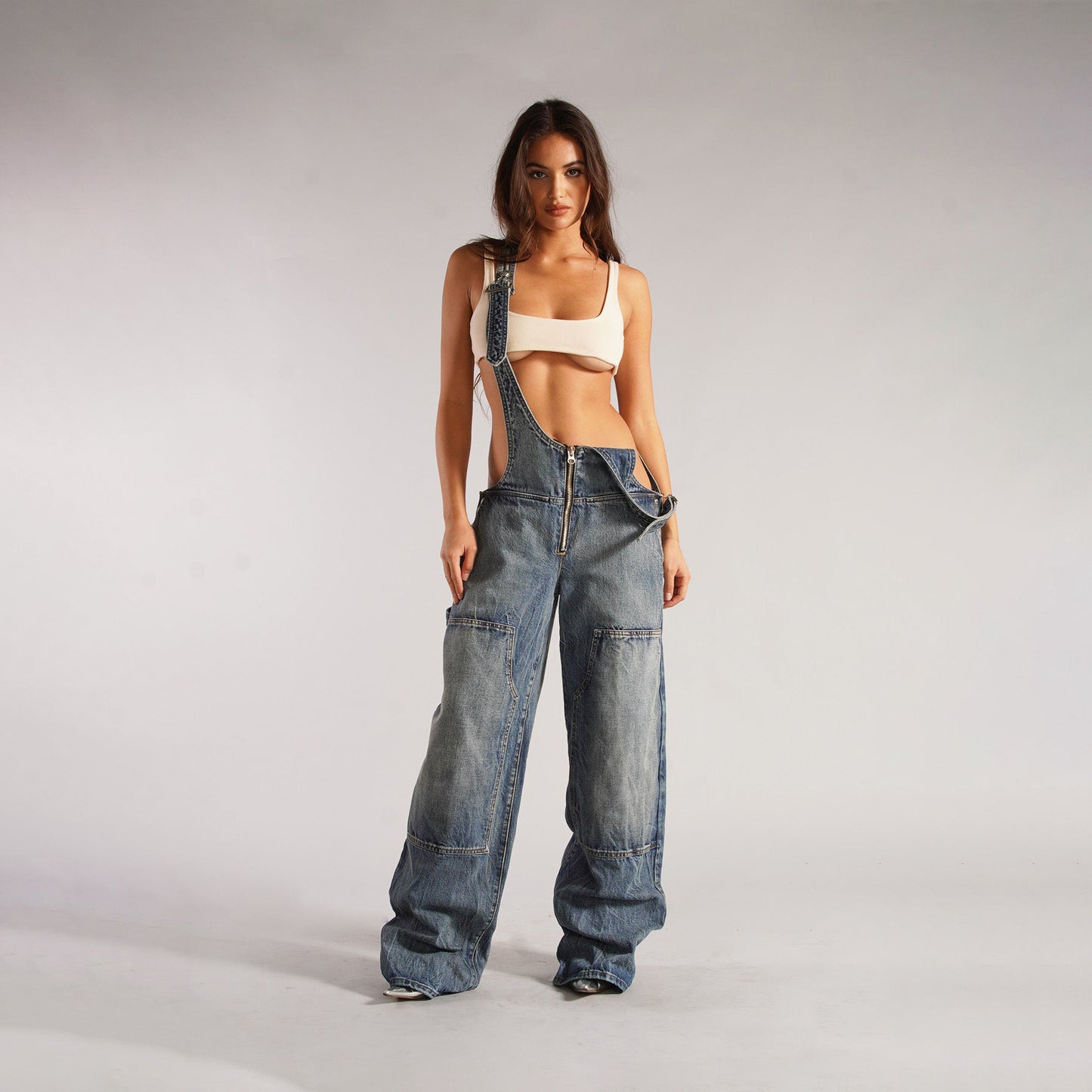 Zipper Denim Suspender Pants