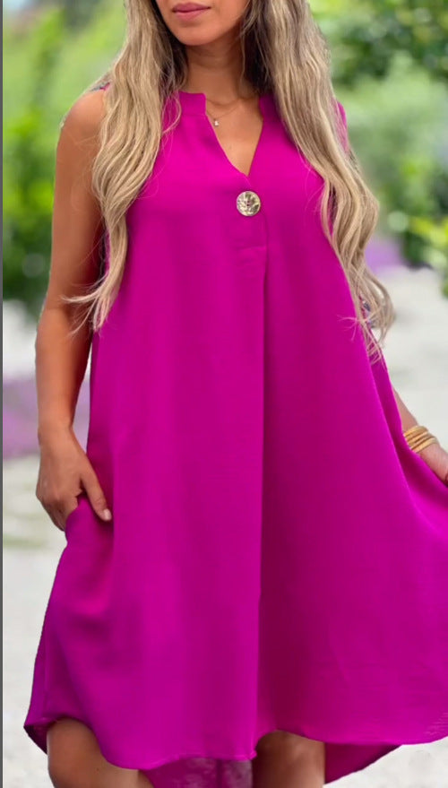 Summer V-neck Sleeveless Dress With Button Decoration Solid Color