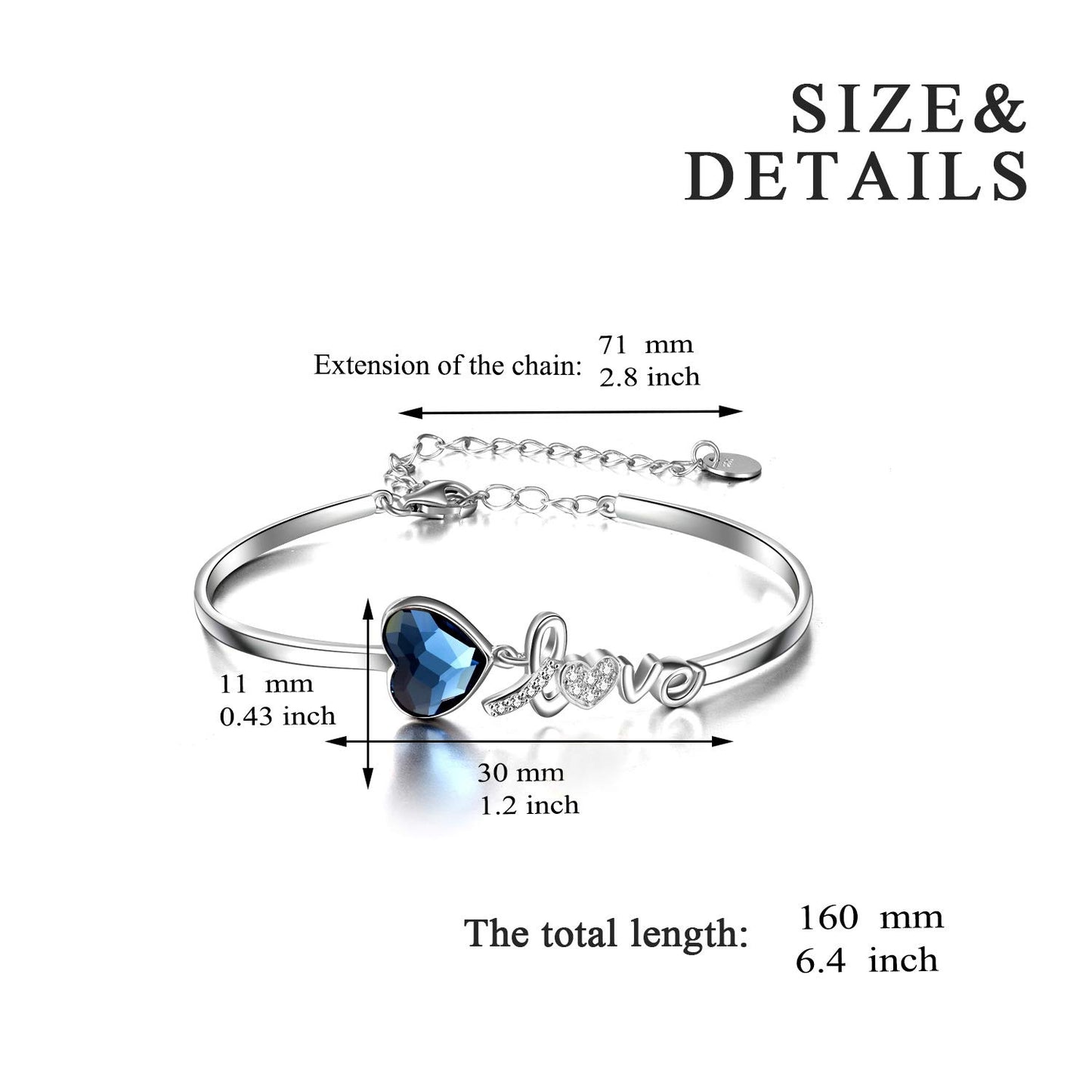 Blue Crystals Love Heart Bangle Bracelet