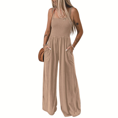 Summer Square Neck High Waist Jumpsuit Women's Backless Pleated