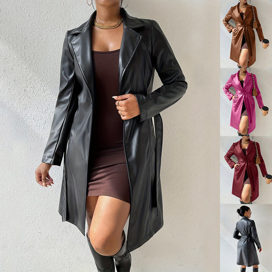 Langärmlige Revers-PU-Lederjacke mit Taschen Slim Fit Langer Trenchcoat Damenbekleidung