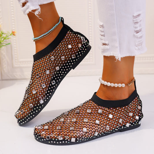 Fashion Mesh Flat Sandals With Colorful Rhinestone Design