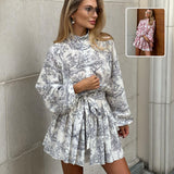 Ink Print Long Sleeve Dress With Fashion Puffy Sleeve Lapel