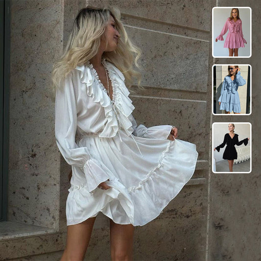 Fashion V Neck Pleated Ruffle Long Sleeve Dress Y2K