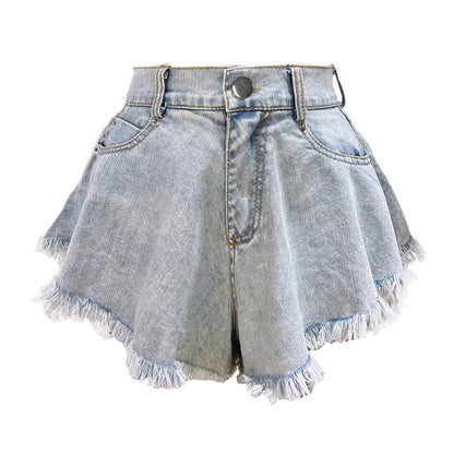 High Waist Loose-fitting Tassel Denim Shorts For Women