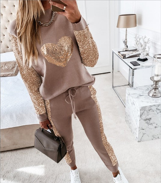 Women's Love Sequined Turtleneck Top And Trousers Casual Suit