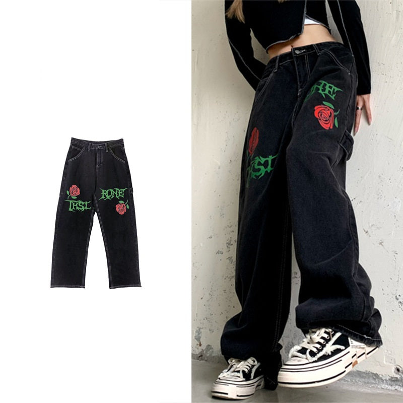 Rose Letters Vintage Street Wash Straight Jeans