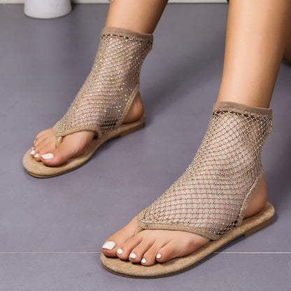 Fashion Rhinestone Mesh Thongs Sandals Summer Flat Shoes