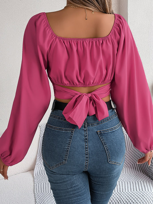 Camicia in chiffon con lacci in vita e maniche a lanterna per il tempo libero, top che lascia scoperta la pancia