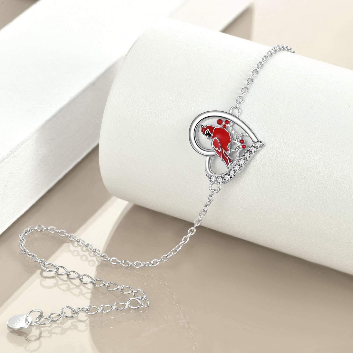 Regalo di gioielli per cavigliera in argento sterling con zirconi a forma di cuore rosso cardinale per le donne