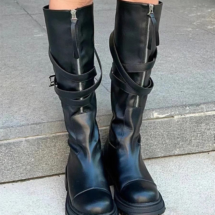 Women's Fashion All-match Below The Knee Belt Buckle Platform Boots