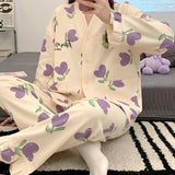 Women's Fashion Casual Pure Cotton Long Sleeve Top Long Pants Homewear Suit