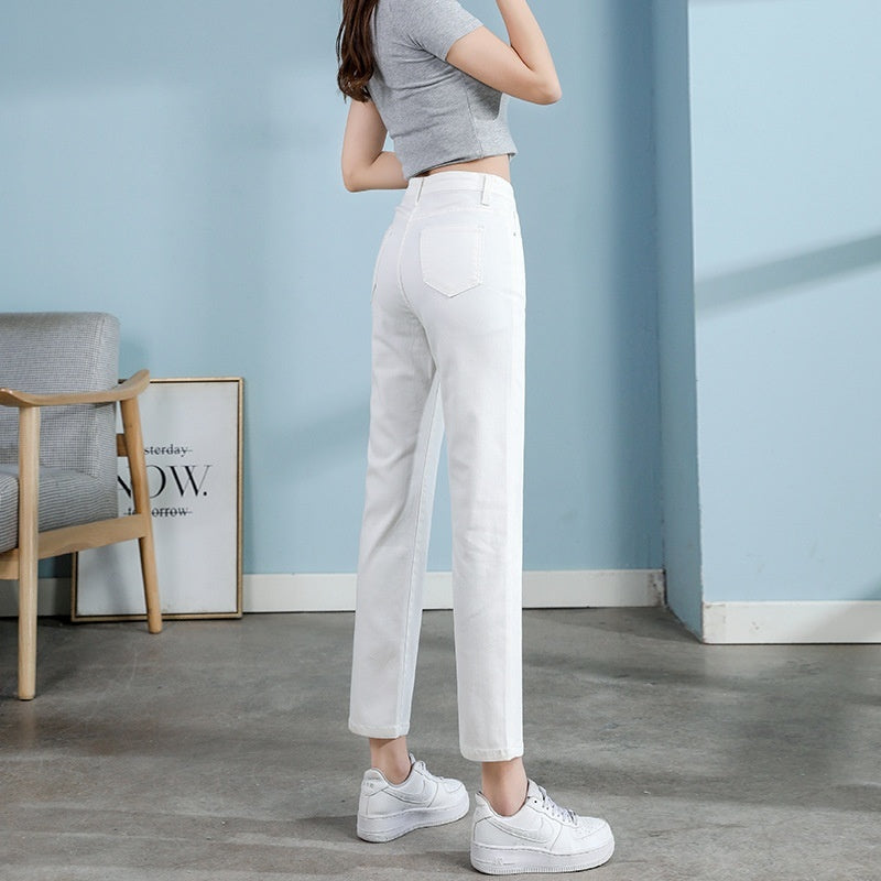 Weiße Jeans im koreanischen Stil mit hoher Taille und Stretch