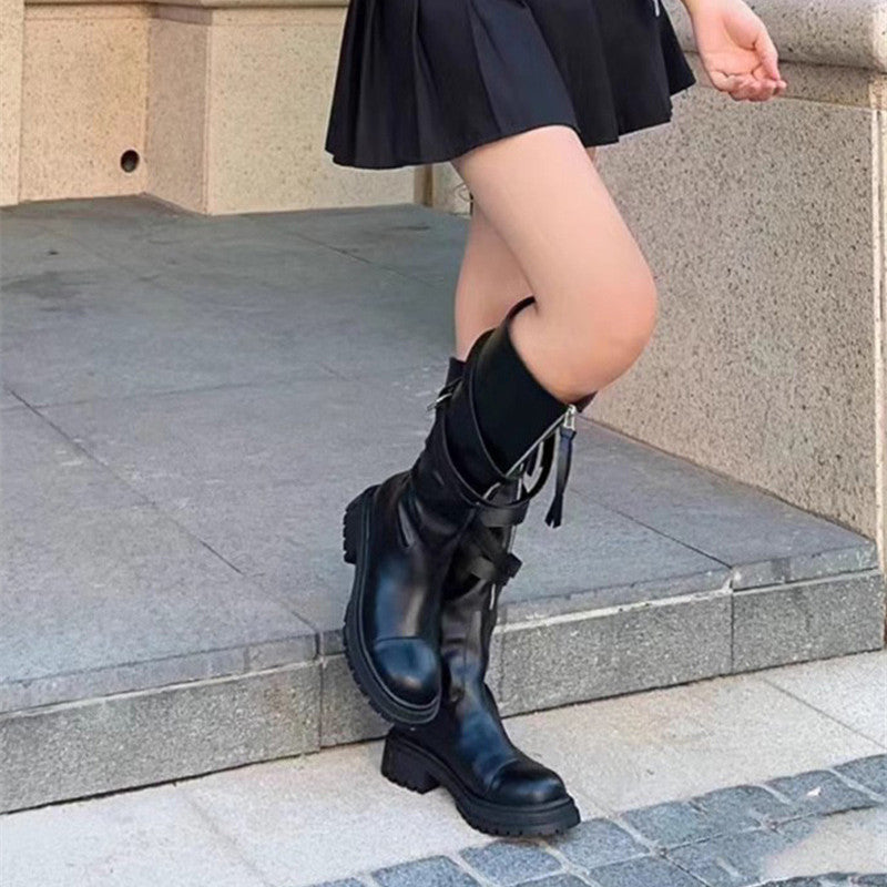 Women's Fashion All-match Below The Knee Belt Buckle Platform Boots