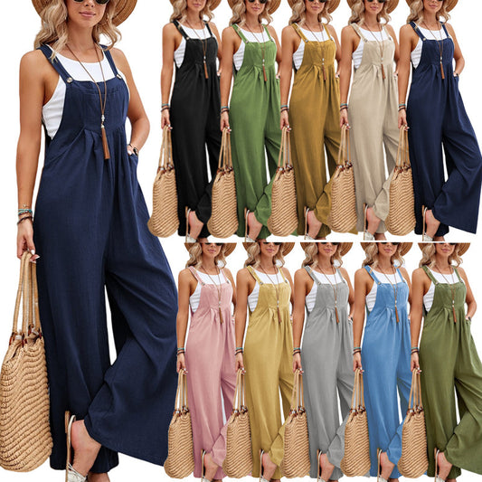 Long Bib Pants Overalls Casual Loose Rompers Jumpsuits With Pockets