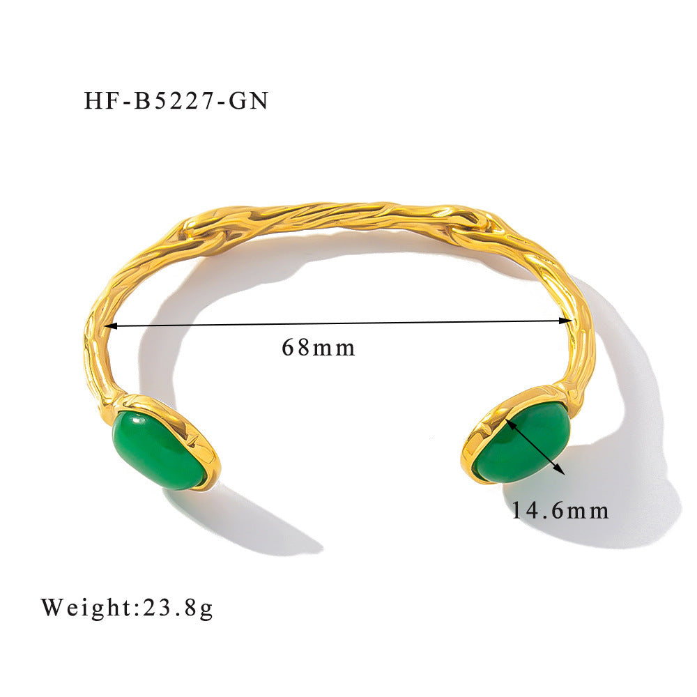 Retro Titanium Steel Plated 18K Bilateral Oval Color Natural Stone Open Irregular Adjustable Bracelet