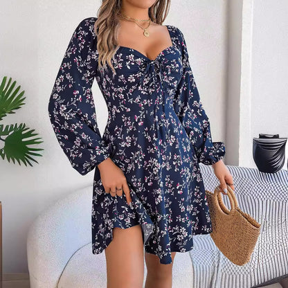 Fashion Floral Print Lantern Sleeve Dress