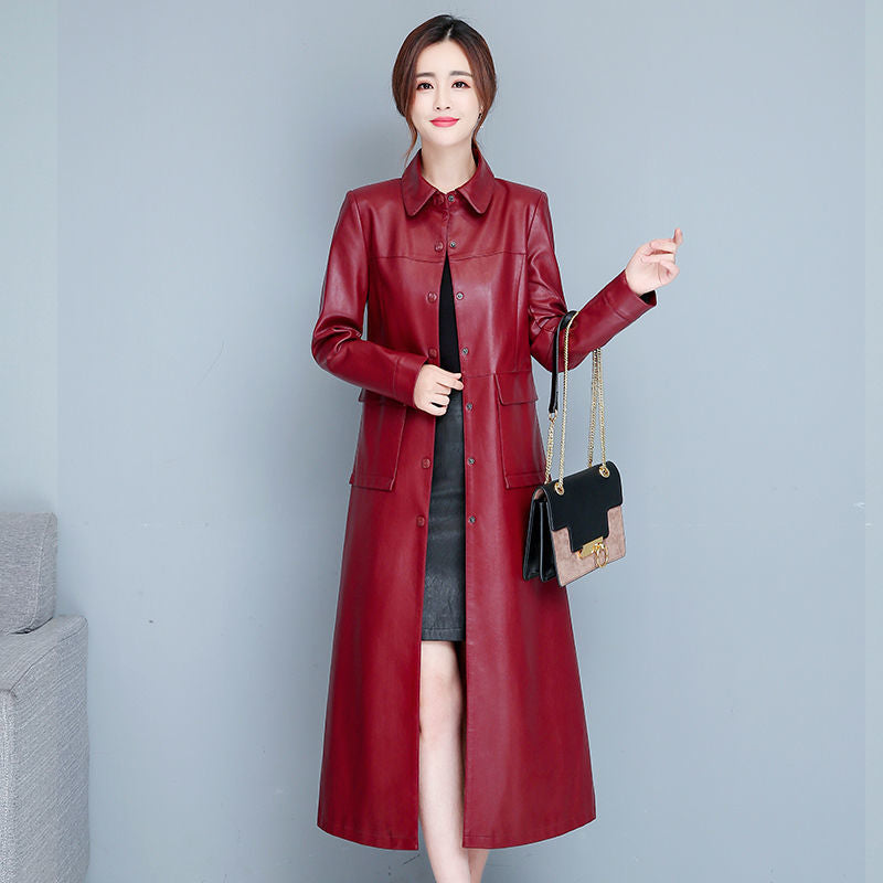 Ladies Fashion Thin Leather Trench Coat Coat