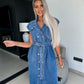 Casual Polo Collar Sleeveless Clinch Open Chest Waist-controlled Lace-up Denim Dress