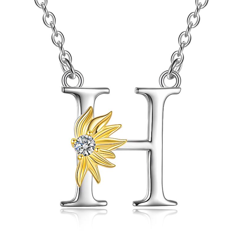 Halskette mit Namensanhänger mit Initialen-Alphabet, Sonnenblume, A-Buchstabe aus Sterlingsilber