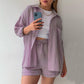 Wrinkled Fabric Lapel Long Sleeved Shirt Shorts Fashion Casual Set