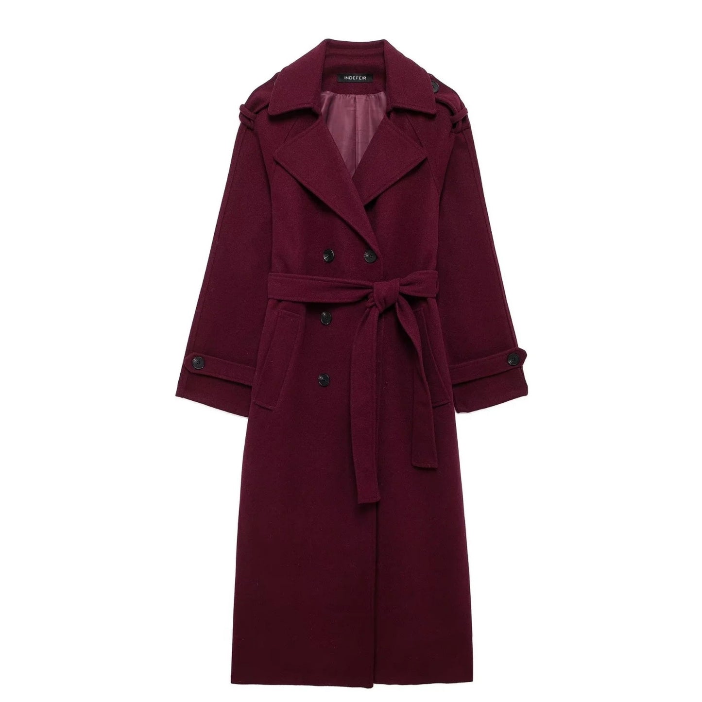 Mode Revers Wollmantel mit Gürtel Winter Zweireiher Trenchcoat Lange Jacke für Damen Kleidung