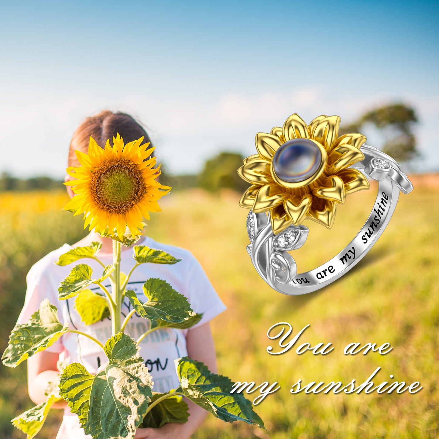 Sonnenblumenring aus Sterlingsilber mit der Aufschrift „Ich liebe dich in 100 Sprachen, du bist mein Sonnenschein“.