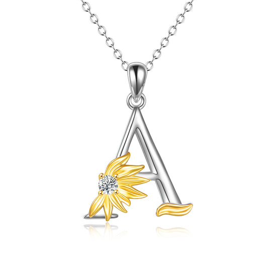 Collana in argento sterling con ciondolo con nome e lettera iniziale dell'alfabeto girasole A