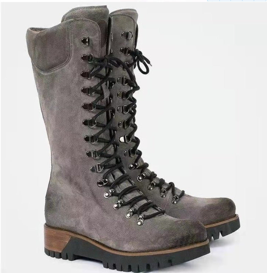 Neue große mittellange Schnürstiefel für Damen aus Leder