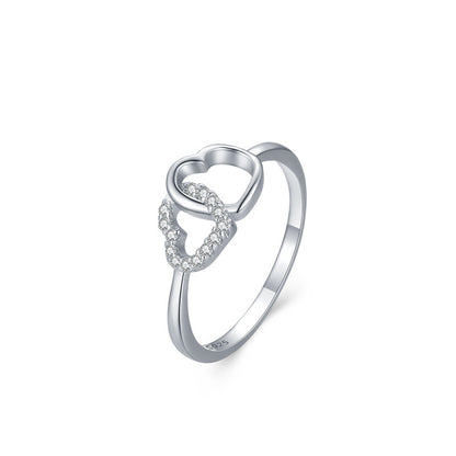 Anello in argento sterling S925 con doppio cuore a forma di cuore da donna giapponese e coreana semplice