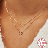 Collana temperamentale in argento sterling a forma di cuore doppio vuoto con clavicola a doppio strato di diamanti