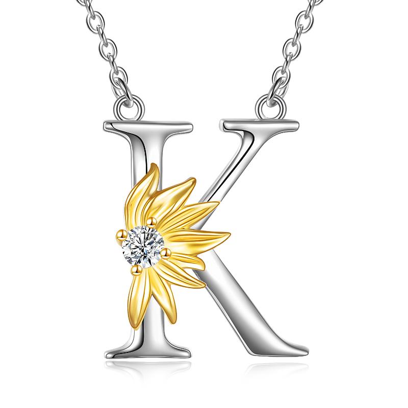 Halskette mit Namensanhänger mit Initialen-Alphabet, Sonnenblume, A-Buchstabe aus Sterlingsilber