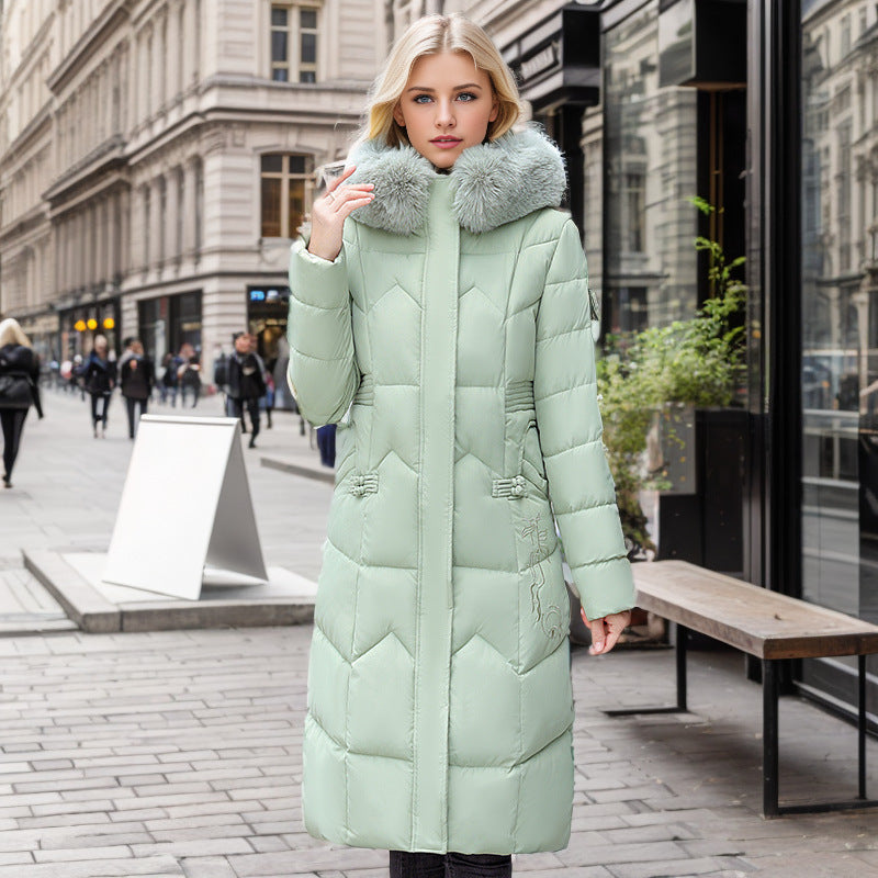 Winter Long Coat With Thickened Fur Collar Straight Slim Cotton-padded Jacket