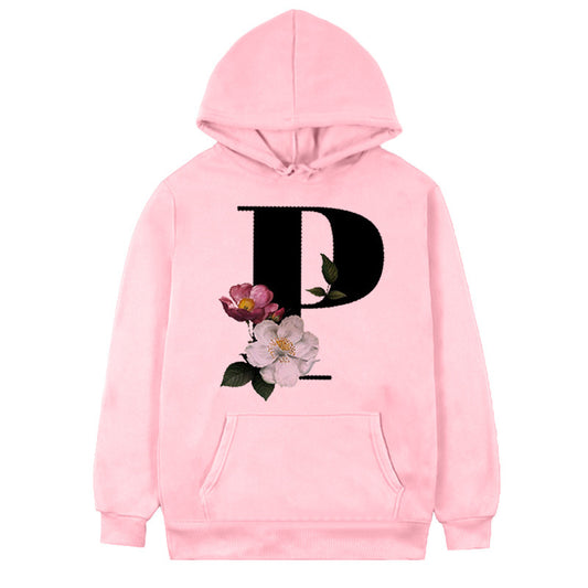 Damen-Fleece-Hoodie mit 26 Buchstaben und Blumen-Aufdruck