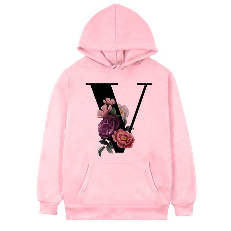 Women's 26-letter Flowers Printed Fleece Hoodie