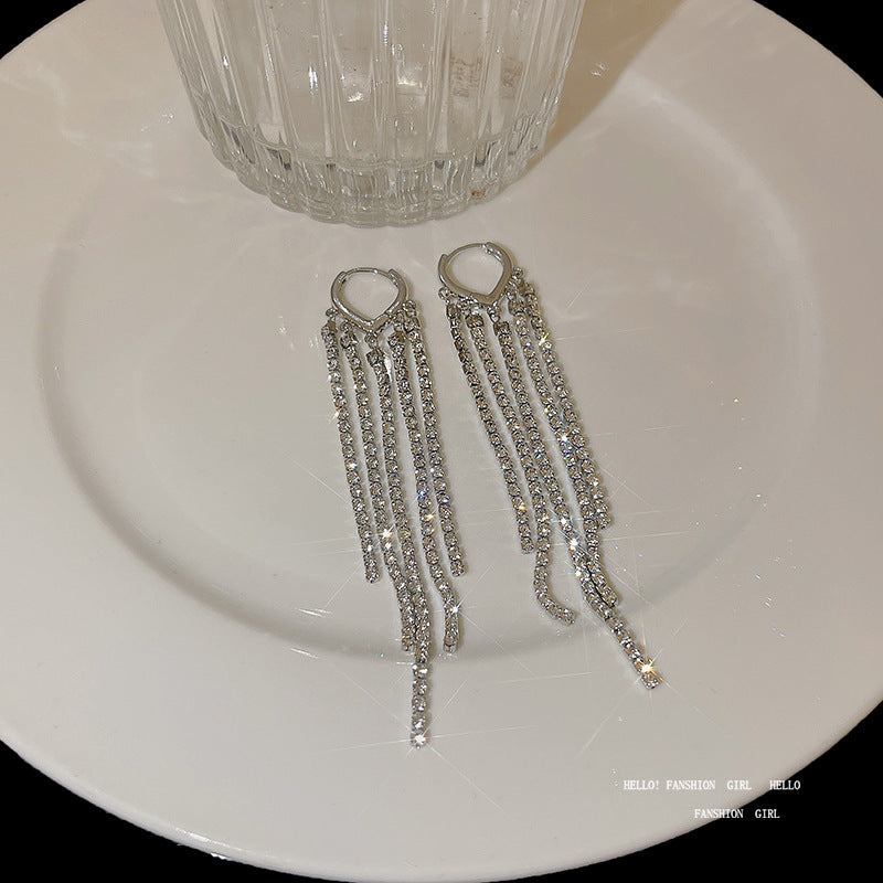 Silver Needle Exquisite Full Diamond Long Fringe Earrings Women