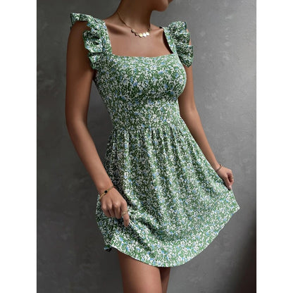 Summer Square-neck Ruffled Sleeveless Dress With Bow-tie Backless