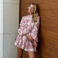 Ink Print Long Sleeve Dress With Fashion Puffy Sleeve Lapel