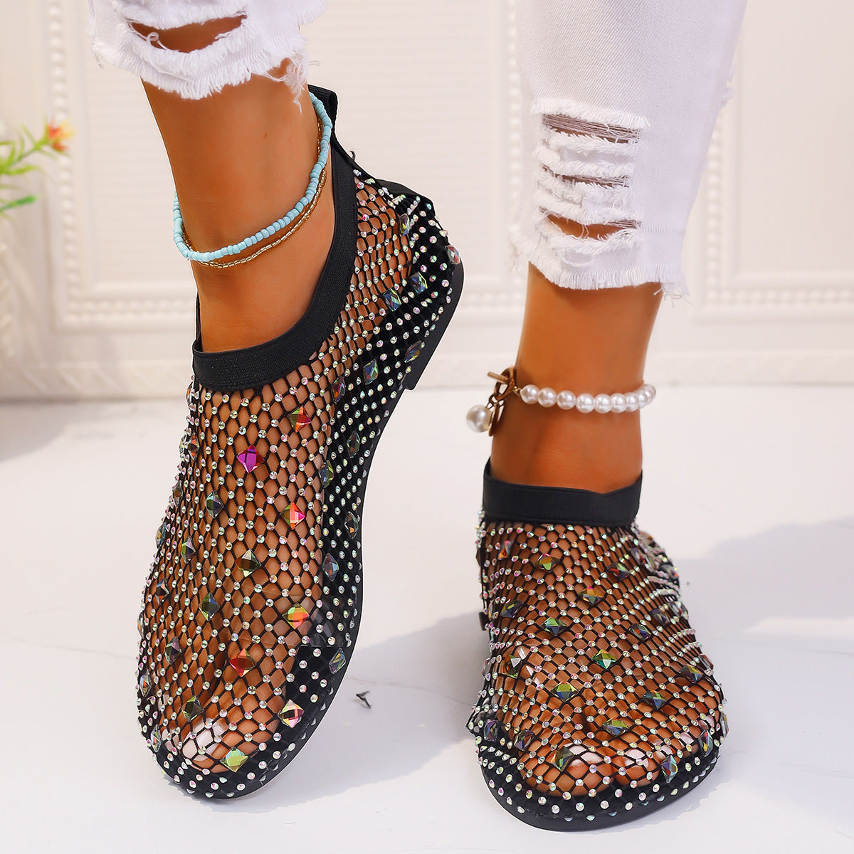 Fashion Mesh Flat Sandals With Colorful Rhinestone Design