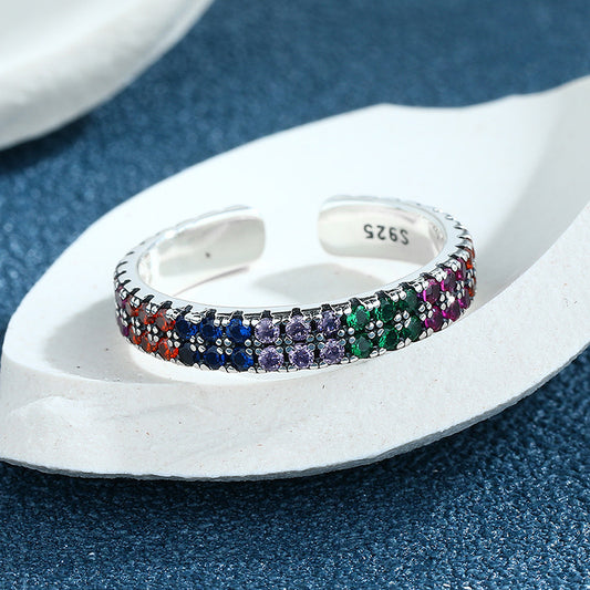 S925 Sterling Silver Personality Double Row Colorful Zirconium Vintage Thai Silver Ring