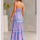 Summer Striped Printed Suspender Long Dress With Pockets