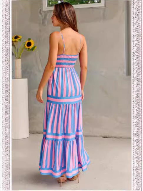 Summer Striped Printed Suspender Long Dress With Pockets