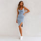 New U-neck Suspender Denim Dress Summer Casual Tight Slim Fit Dresses With Slit Design